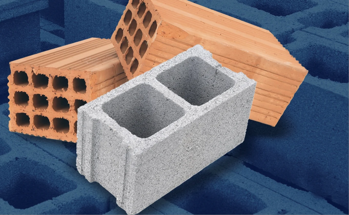 Blocos cerâmicos e de concreto no material de apresentação.
